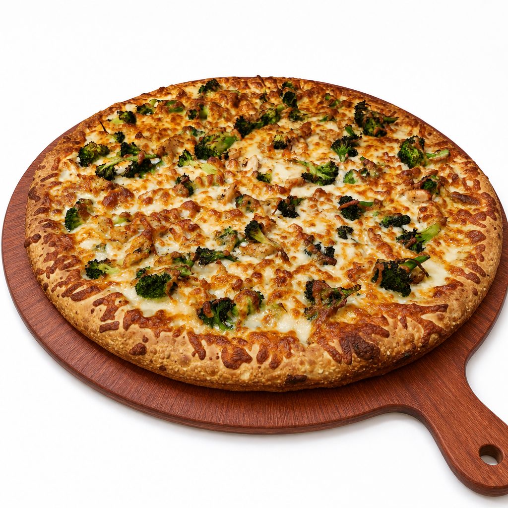 Chicken Broccli Alfrefo Pizza.