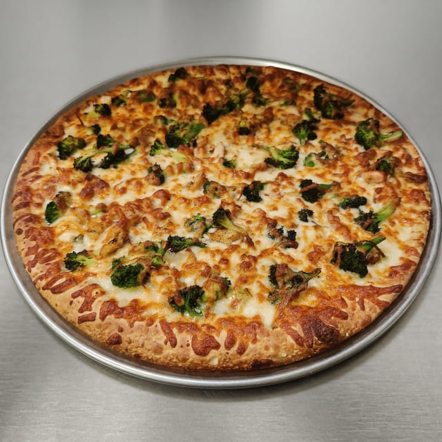 Chicken Broccli Alfrefo Pizza.